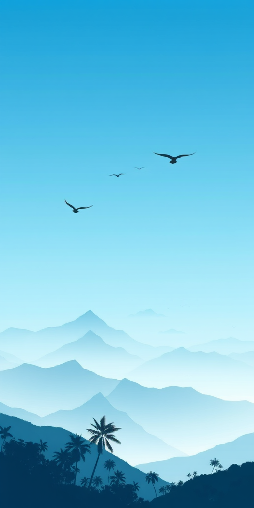 Create a serene landscape illustration featuring layered mountain silhouettes, with a gradient sky transitioning from blue to light blue, including flying birds and tropical trees in the foreground; use a digital camera with a 35mm lens at f/8 aperture, a focal length of 24mm, and an ISO setting of 100 to capture sharp details and vibrant colors.