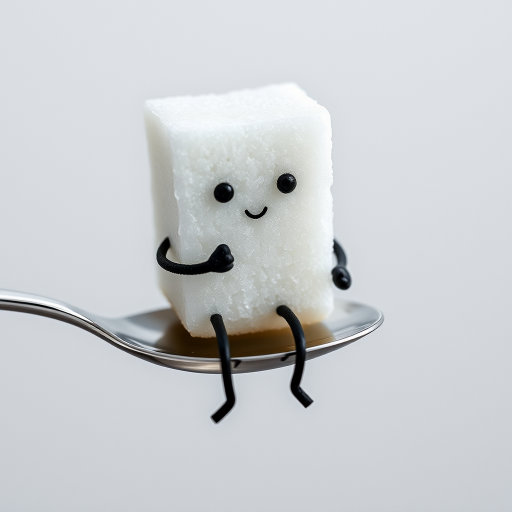 A sugar cube with a face and legs, sitting on a spoon and sipping a tiny cup of coffee.
