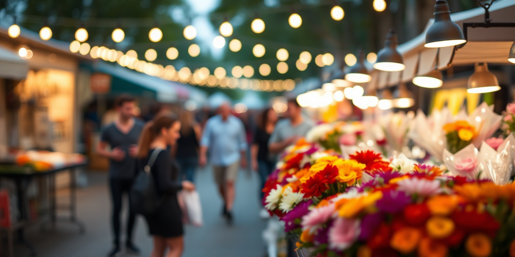 Blurry candid shot of a street vendor selling colorful bouquets at a bustling farmer's market, soft glow from nearby string lights illuminating the vibrant petals, with distant pedestrians milling about.