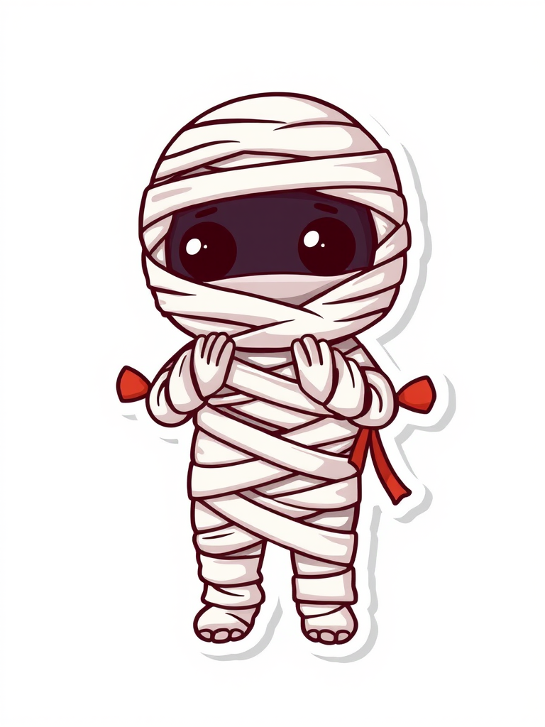 create a kawaii Mummy wrappings sticker, 3d digital art, grey background, sticker line weight