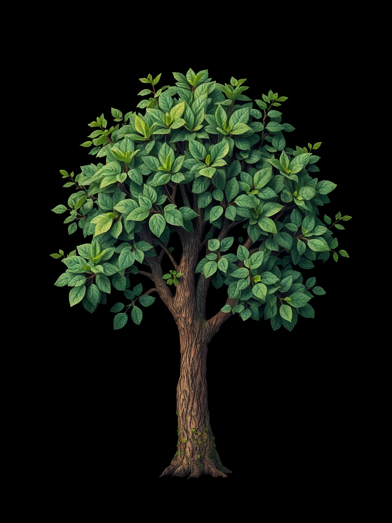 Create a detailed illustration of a leafy green tree with a textured trunk on a black background, using a high-resolution digital camera with settings of f/8 aperture, 1/125 shutter speed, ISO 100, a wide-angle lens at 24mm, in a flat lay perspective to capture all details clearly.