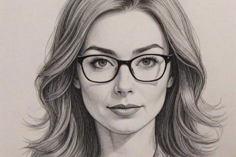Attractive Felicia Day, pencil sketch, portrait of Resplendent woman 1967s in glasses, hair style beatnik, outline, clear lines, fine lines, 8k