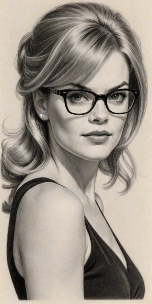 Delightful Missi Pyle, pencil sketch, portrait of Graceful woman 1963s in glasses, hair style beatnik, outline, clear lines, fine lines, 8k