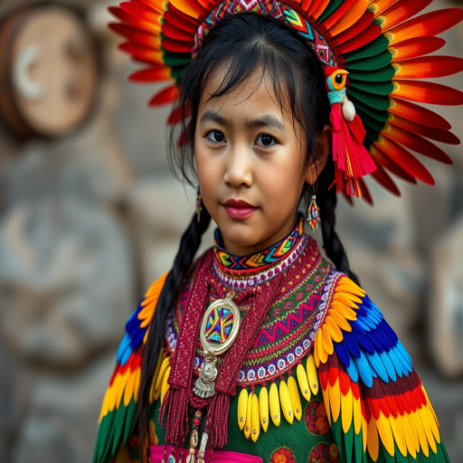 A beautiful Quechua girl, wearing colorful bird clothing with vibrant colors