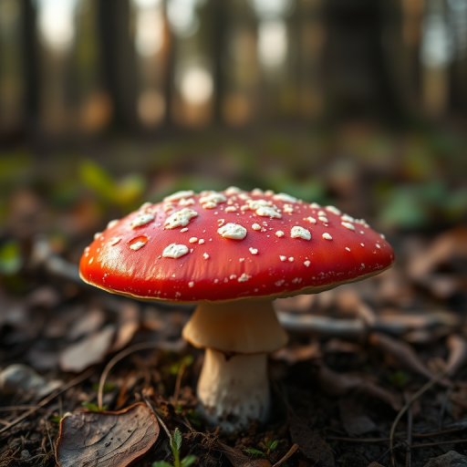 A vibrant red toadstool mushroom with white spots in a forest setting, soft focus background, evening light, shot with a Canon EOS R5, 50mm lens, aperture f/2.8, ISO 200, shallow depth of field.