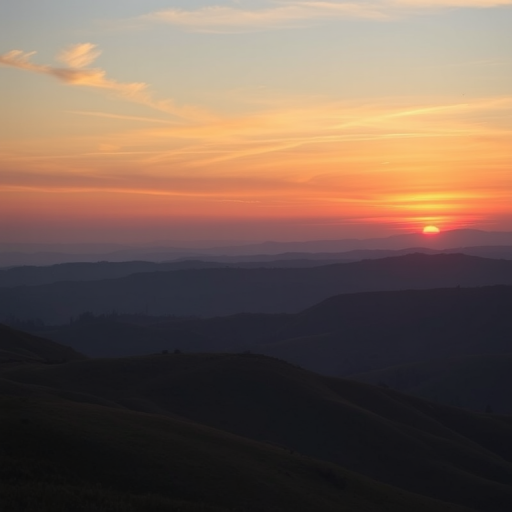 Generate a high-resolution image of a serene landscape featuring rolling hills and a colorful sunset, captured with a Canon EOS 5D Mark IV, using a 35mm f/1.4 lens, aperture set at f/8, ISO 100, and a shutter speed of 1/200s, shot from a wide-angle perspective to enhance depth and detail.