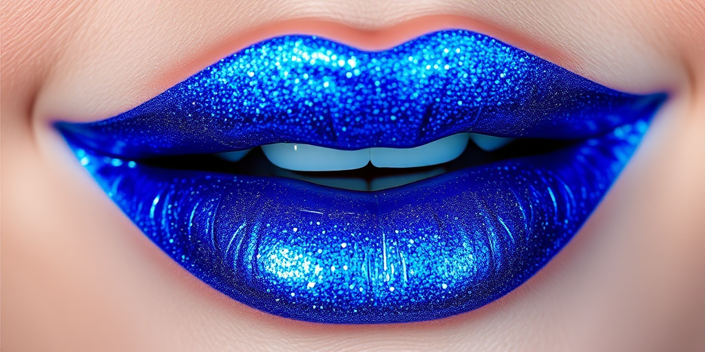 Daring "Electric Blue" metallic lip gloss with holographic shimmer, perfect for avant-garde makeup looks and creative self-expression, offering high-impact shine and dimension