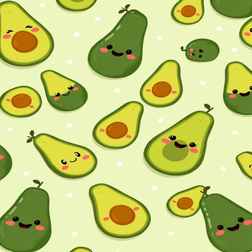 Cute cartoon avocados with smiling faces and pits scattered across a light green background with small white dots. Some avocados are whole, some are halved, and a few are slices, all showcasing expressive faces.