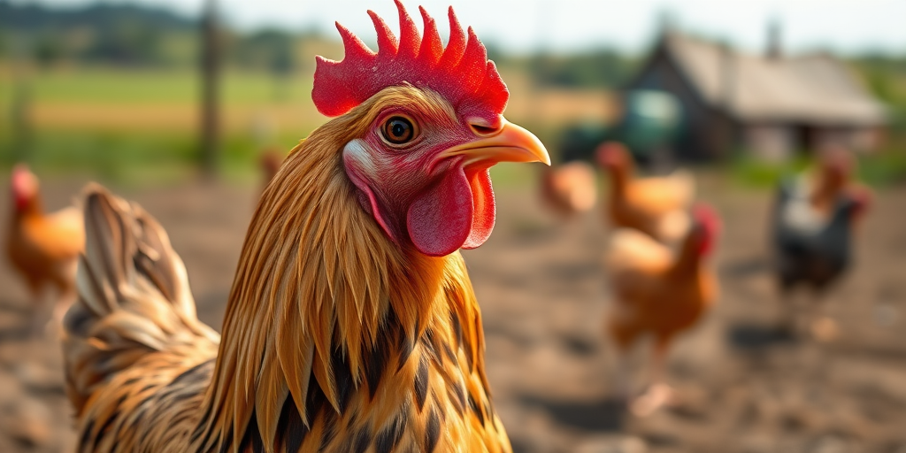 create a detailed image of a chicken in a farm setting, use a Canon EOS R5 camera with a 50mm lens at f/1.8, ISO 100, shot in natural light, focus on the chicken's feathers and natural colors, include a blurred background of a rural landscape.