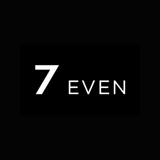 Create a sleek, high-contrast logo design featuring the text "7EVEN" in a modern sans-serif font on a black background, using a DSLR camera with ISO 100, f/2.8 aperture, 50mm lens, and soft studio lighting to enhance clarity and details.
