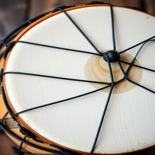 Create a detailed, high-resolution image of a traditional African drum with a wooden body, intricate black wire lacing, and a white drumhead, captured with a DSLR camera at f/2.8 aperture, ISO 100, 50mm lens, and a slightly angled top-down view to highlight texture and craftsmanship.