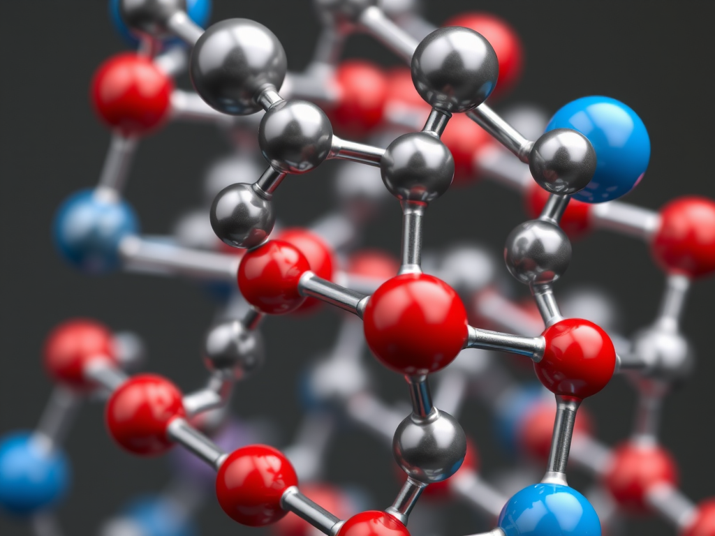 Generate a high-resolution 3D molecular structure of a crystal lattice with red, blue, and gray spheres representing atoms and bonds, using a macro lens on a DSLR camera, f-stop at 8 for deep focus, ISO 100 for minimal noise, and a wide-angle view for enhanced perspective.