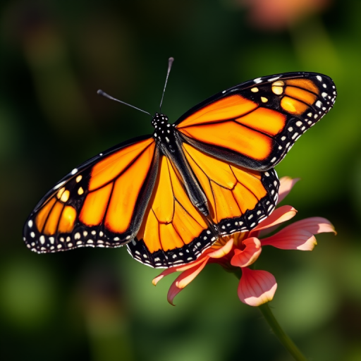 A vibrant Monarch butterfly perched on a flower, captured with a Canon EOS 5D Mark IV, 85mm lens, f/2.8 aperture, ISO 200, natural light, focusing on intricate wing patterns and textures for high detail.