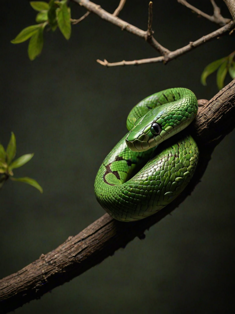 Create an image of a vibrant green snake coiled around a dark, textured branch in a dimly lit environment, focusing on the snake's intricate scales and the contrast between the green and the brown of the branch.