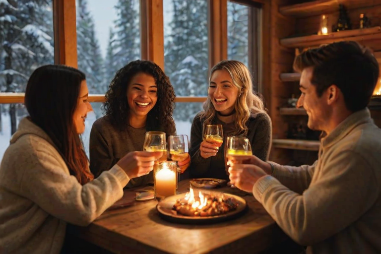 Warmly lit photo of a group of friends toasting drinks in a cozy cabin, soft golden light from the fireplace illuminating their faces, with snow gently falling outside the large windows.