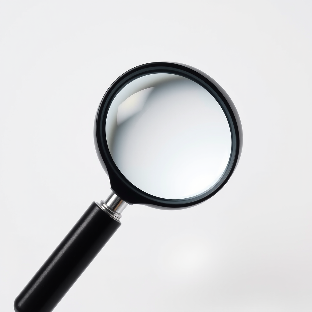 Create a high-resolution image of a magnifying glass with a slight shadow effect, using a DSLR camera at f/2.8 aperture, 1/100s shutter speed, ISO 100, focused on the glass to enhance reflections, shot in a light studio setting.