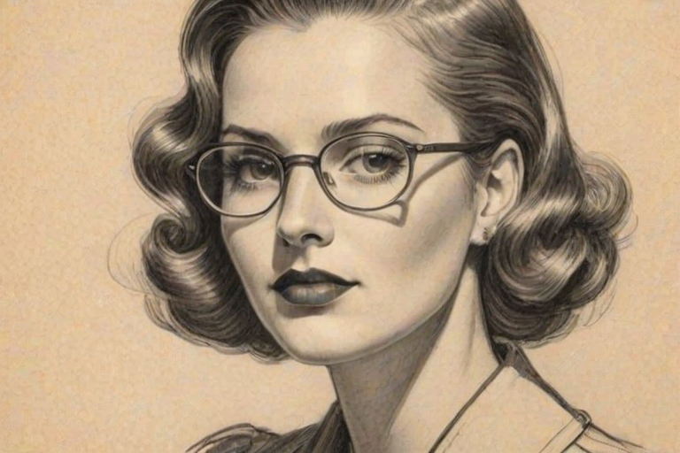 Ravishing Rebekah Graf, pencil sketch, portrait of Magnificent woman 1936s in glasses, hair style beatnik, outline, clear lines, fine lines, 8k