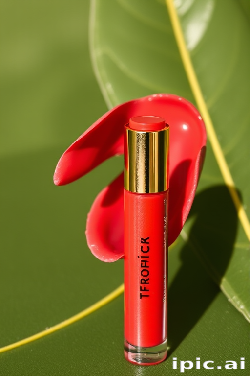 Vibrant coral sunset lip stain "Tropical Breeze" featuring a glossy finish and subtle shimmer, perfect for summer evenings and beach parties, long-lasting and hydrating formula