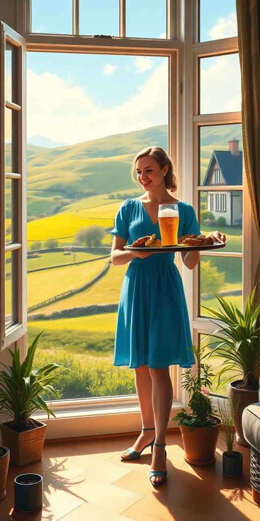 In "A Glass of Beer on the Highland," a serene scene is depicted in a sunlit room where a woman in a vibrant blue dress stands by a large window. She holds a tray with a hearty meal and a frothy glass of beer, embodying a moment of relaxation. Outside, the breathtaking highland landscape features rolling green hills and a charming traditional house, all bathed in warm afternoon light. The interior is adorned with potted plants, creating a harmonious blend of comfort and nature. The painting beautifully captures the tranquility and joy found in simple pleasures amidst stunning scenery