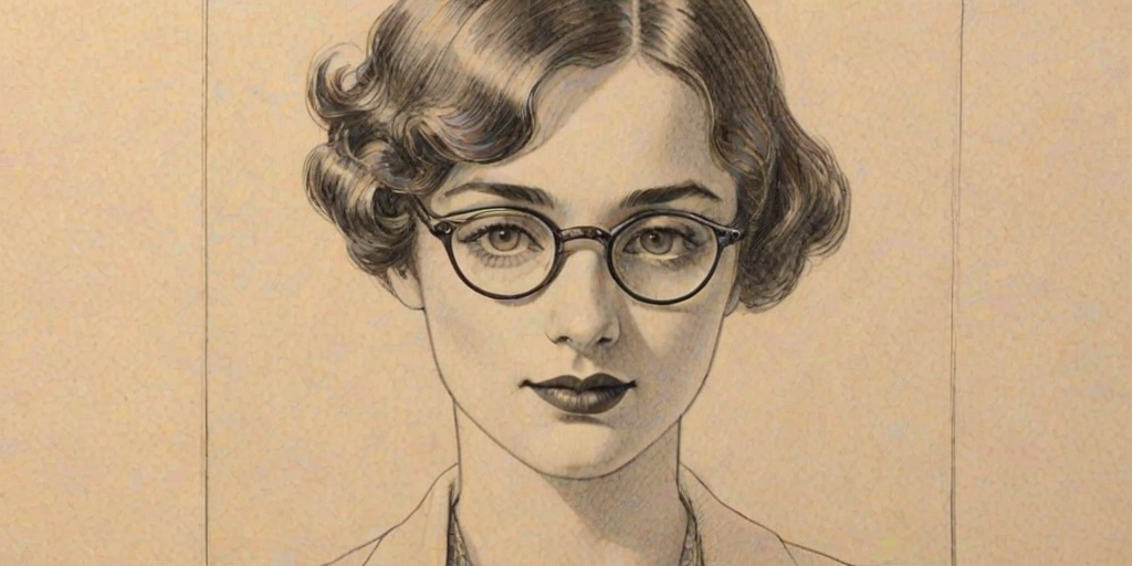 Lovely Clea Lewis, pencil sketch, portrait of Graceful woman 1923s in glasses, hair style beatnik, outline, clear lines, fine lines, 8k