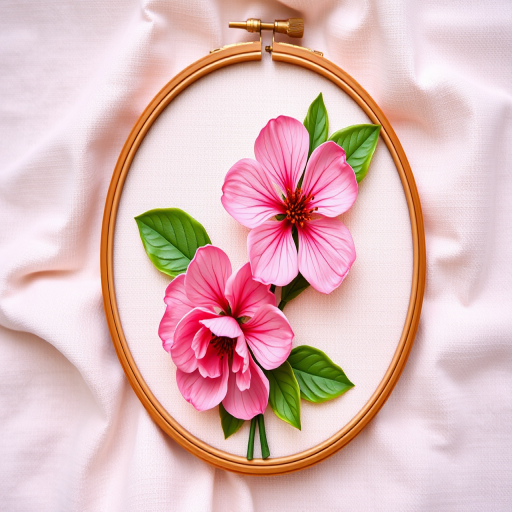 Create an illustration of two pink flowers with green leaves in an embroidery hoop on a soft textured background, shot with a DSLR camera at f/2.8 aperture, ISO 100, 50mm lens, overhead view with natural lighting to enhance colors and details.