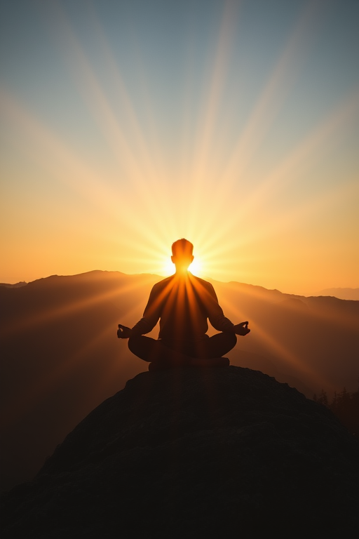 A silhouette of a man meditating on a rock at sunrise, vibrant rays of sunlight illuminating the scene, with mountains in the background, shot with a DSLR camera, 50mm lens, f/1.8 aperture, ISO 100, and soft golden hour lighting.
