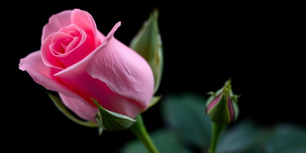 A close-up shot of a blooming pink rose with unopened buds, captured with a Canon EOS R5 at f/2.8, ISO 100, 1/200 sec, in soft diffused lighting against a black background.