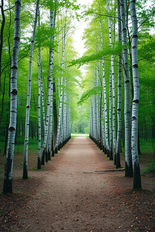 capture a serene forest path surrounded by birch trees leading into the distance with vibrant green foliage, use a Canon EOS R5 with a 50mm f/1.8 lens, aperture set to f/4, shutter speed at 1/250s, ISO 200, shot at eye level for a natural perspective, in soft daylight for enhanced colors and shadows