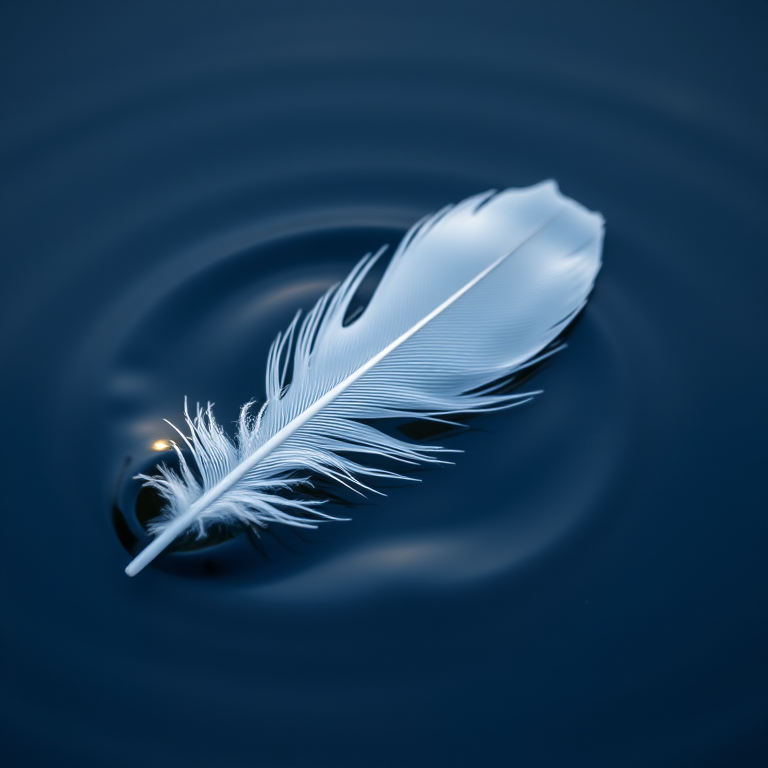 A delicate white feather resting on still water with soft ripples around it, captured with a Canon EOS 5D Mark IV at f/2.8, 1/200 sec, ISO 100, using a macro lens for detailed close-up, natural light for soft reflections.