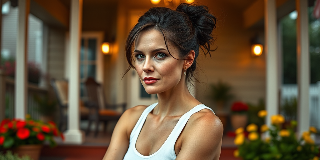 A photo of Charlize Theron with a background of a cozy porch. She has dark hair pulled back in an updo, with tendrils framing her face. She wears a white tank top and sits on the porch. The porch is part of a well-lit home with a warm, earthy tone and colorful flowers and foliage. The overall scene has a warm, welcoming, and comfortable ambiance.