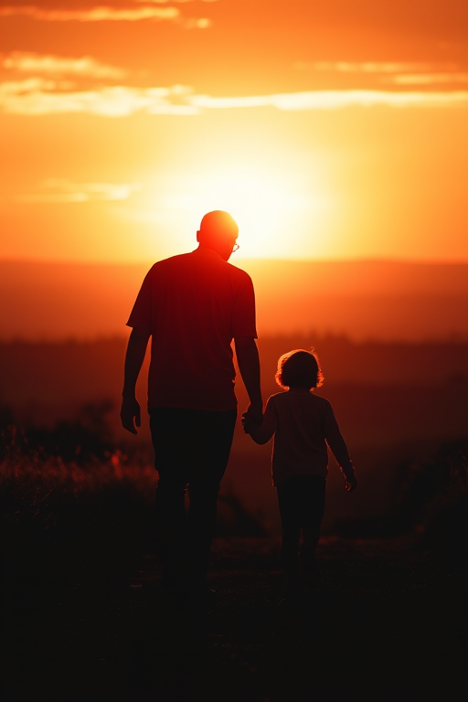 Create a silhouette image of a man and a child walking towards a sunset over a landscape with vibrant colors, using a DSLR camera with a 50mm lens, aperture set to f/2.8, ISO 100, and a shallow depth of field for a soft background effect, capturing a warm and serene atmosphere.