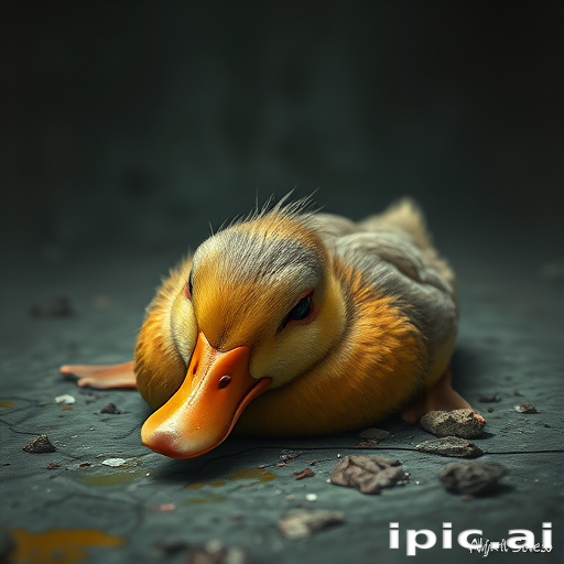 Stunning image of a cute adorable tired looking wacky duck laying flat on the ground, no emotions, moody, grainy, noisy, concept art, by Alberto Seveso, Cyril Rolando, Dan Mumford, Meaningful Visual Art, Detailed Painting, Digital Illustration,