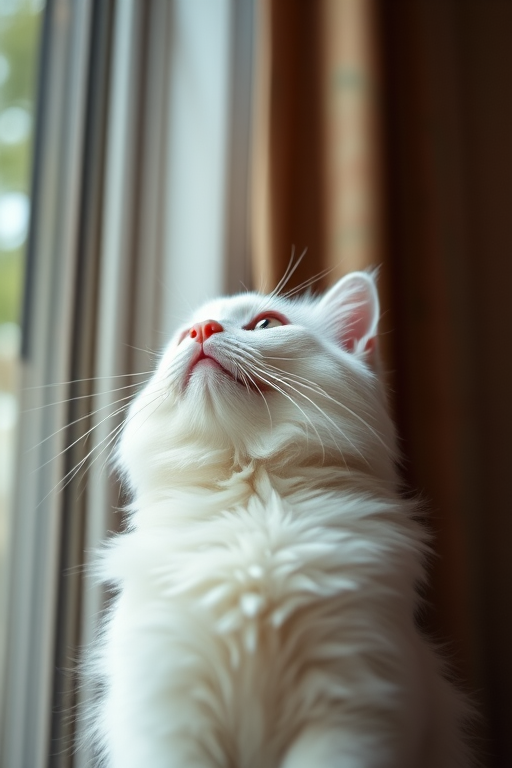 A fluffy white cat reaching up towards a window with soft natural light, taken with a DSLR camera, 50mm lens, aperture f/1.8, ISO 200, shallow depth of field, top-down view for an intimate perspective.