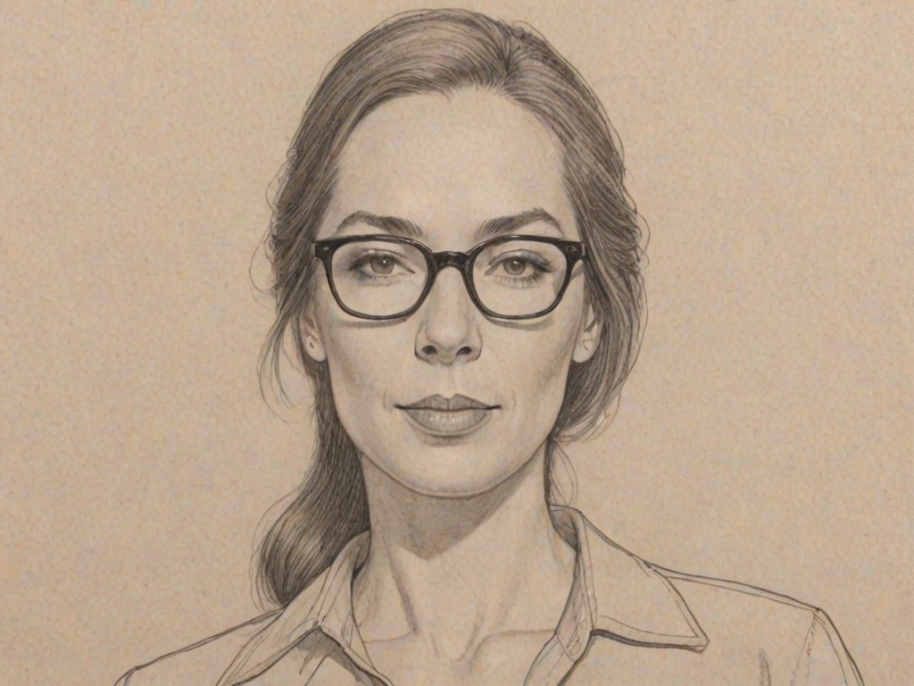 Wonderful Elizabeth Marvel, pencil sketch, portrait of Fetching woman 1973s in glasses, hair style beatnik, outline, clear lines, fine lines, 8k