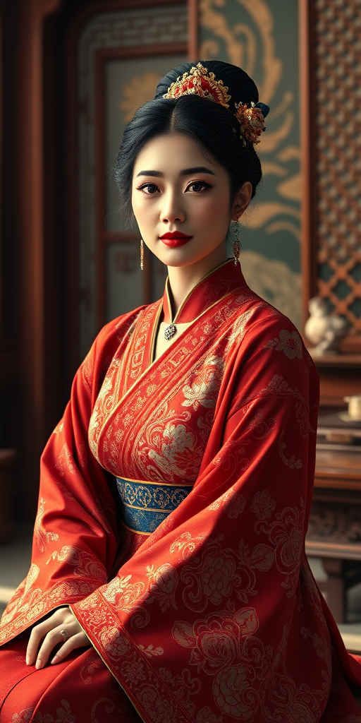 A beautiful woman in traditional East Asian attire, intricately detailed with embroidered patterns, sitting gracefully in a richly decorated room, soft ambient lighting, serene and elegant, ultra-realistic, 8K resolution