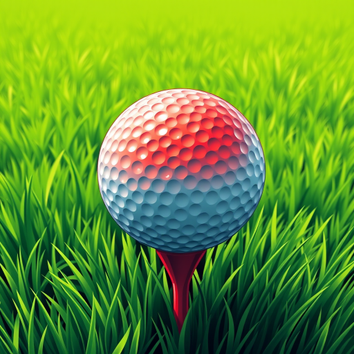 Create a detailed illustration of a golf ball on a tee with a vibrant red color, set against a lush green grass background, using a DSLR camera with a 50mm lens, aperture f/2.8, ISO 100, and a shallow depth of field for a soft focus effect.