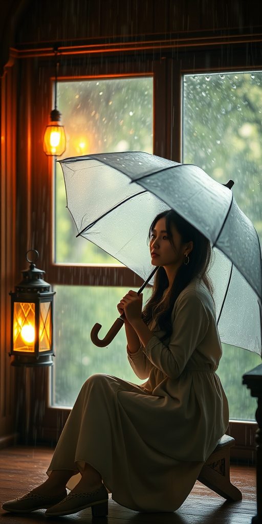A woman sitting with an umbrella in a rainy room, with a vintage lantern casting warm light, soft focus, taken with a DSLR camera at f/2.8, ISO 200, 50mm lens, natural light, slightly overexposed to enhance the atmosphere.