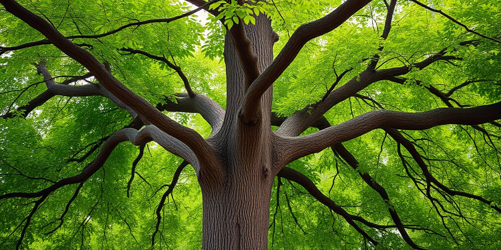A vibrant green tree with a thick brown trunk and gracefully arching branches, captured in high resolution with a DSLR camera, 50mm lens, f/4 aperture, ISO 100, natural lighting, and a slight vignette effect for added depth.