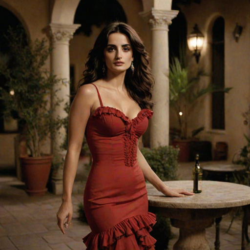 Alluring photograph of Penelope Cruz, celebrated for her performances in "Vicky Cristina Barcelona" and "Volver," capturing her sultry gaze, long dark hair, and full lips, dressed in a flamenco-inspired red dress with ruffles, posed gracefully in a dimly lit Spanish courtyard.