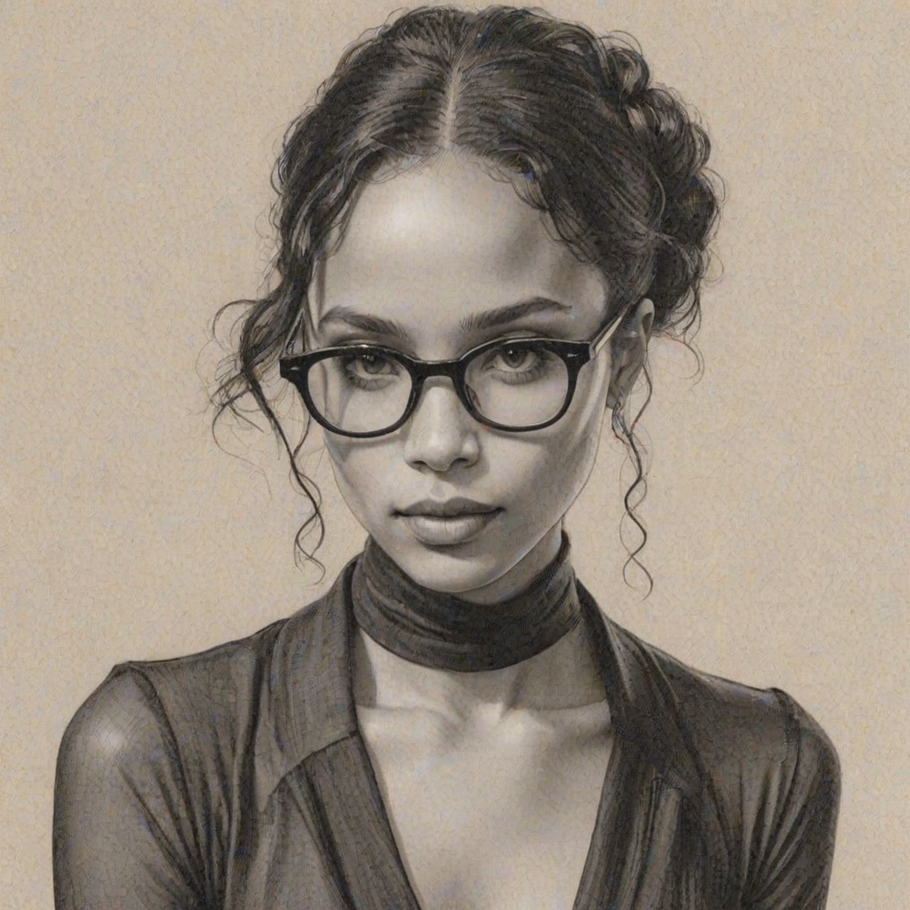 Sublime Zo' Kravitz, pencil sketch, portrait of Stunning woman 1926s in glasses, hair style beatnik, outline, clear lines, fine lines, 8k