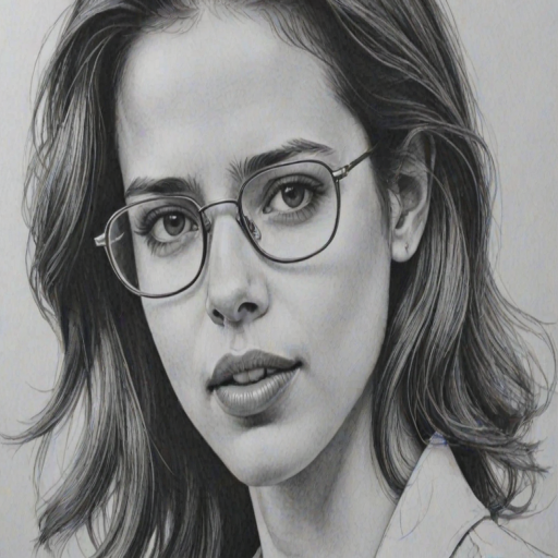Gorgeous Kalki Koechlin, pencil sketch, portrait of Wonderful woman 1975s in glasses, hair style beatnik, outline, clear lines, fine lines, 8k