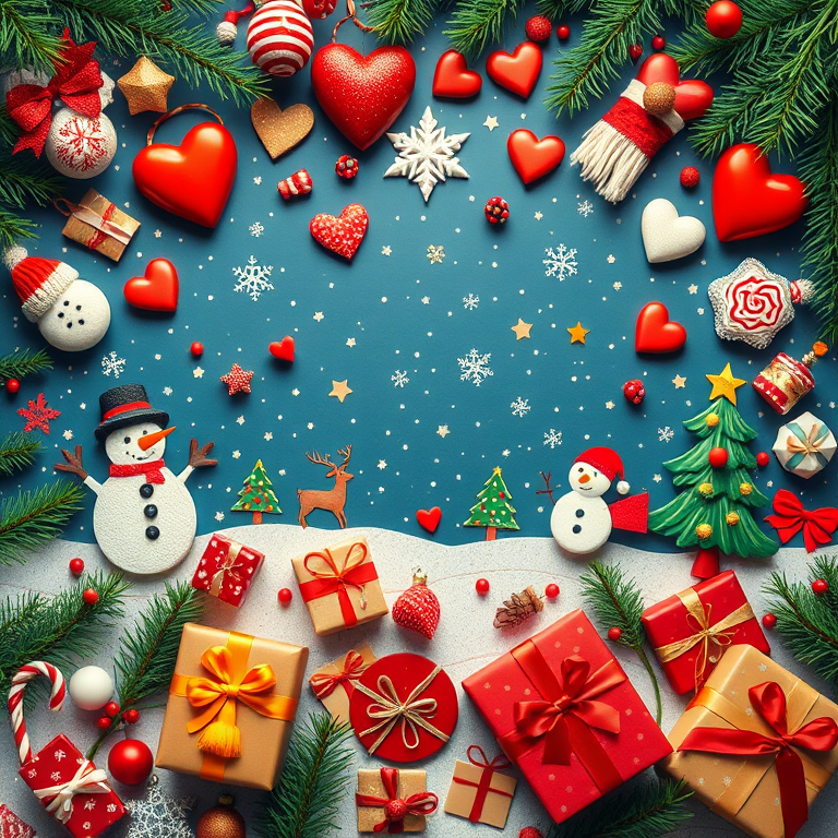 Generate a colorful Christmas-themed illustration filled with festive elements like snowmen, reindeer, Christmas trees, hearts, and gifts, captured with a DSLR camera at f/4, 24mm lens, ISO 100, in a top-down view for a flat lay style and high-resolution output.