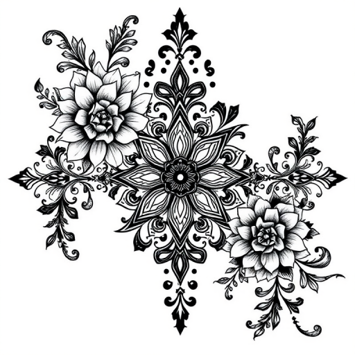 Blackwork ornamental tattoo titled "Gothic Lace" featuring intricate floral and geometric patterns inspired by Victorian architecture with bold black lines and intricate details