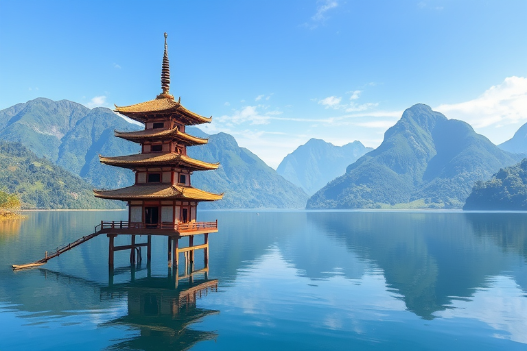 create an illustration of a serene landscape featuring a traditional pagoda on stilts in a calm lake surrounded by lush green mountains under a clear blue sky, using a Canon EOS 5D Mark IV, aperture f/8, ISO 100, shutter speed 1/250s, wide-angle lens with a vibrant color palette and high contrast to enhance the details of the scene