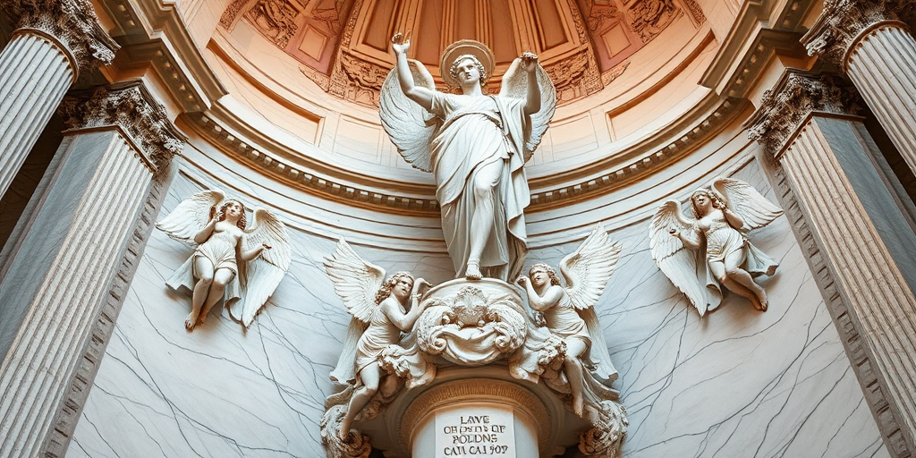 high-resolution image of a grand marble sculpture depicting the ascension of a figure surrounded by angels, taken from a low angle at f/8 aperture, ISO 100, 1/60 sec exposure, using a DSLR camera with a wide-angle lens in natural lighting to enhance image quality