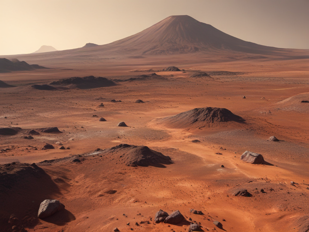 the surface of Mars with volcanos and craters. Planets in the background