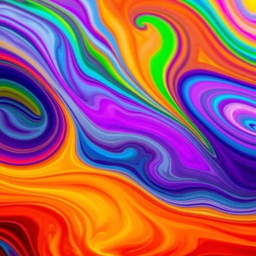 Generate an abstract digital artwork featuring vibrant, swirling colors in a fluid, wavy pattern with high saturation and contrast, captured using a DSLR camera at 50mm, f/1.8 aperture, ISO 100, 1/200 shutter speed, in a close-up view to enhance details and textures.