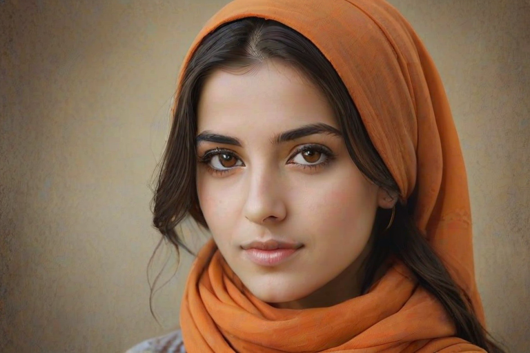 Create a portrait of a young Turkish female with long, dark hair and captivating hazel eyes. She is wearing a orange headscarf and a matching scarf draped gracefully around her neck. The background is softly blurred, focusing attention on her serene and natural expression. The overall color palette is muted and warm, enhancing the intimate and authentic feel of the portrait.