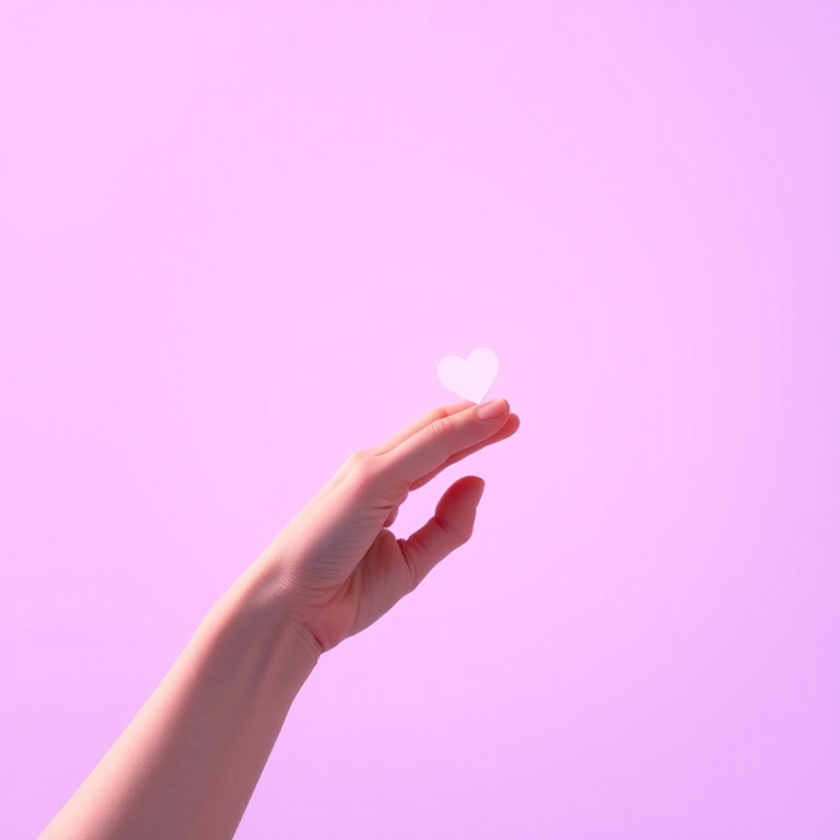 Create a minimalistic illustration of a hand with a heart shape resting on the fingertip, using a soft purple gradient background, shot with a DSLR camera at f/4 aperture and ISO 100, with a 50mm lens and a shallow depth of field for a dreamy effect, using a side lighting technique to enhance the contours of the hand.