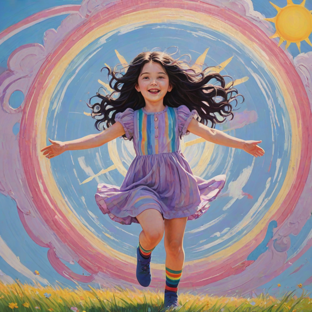 A depiction, in colorful paints, of a little girl, back to the viewer, short stripy socks, lilac and blue dress, arms outstretched, long black wavy hair being blown by the breeze, bight summer's day, up in the blue sky a giant colorful sun face, with pretty eyes, pink lips, colorful swirls, and rainbow colored flames shooting off in all directions